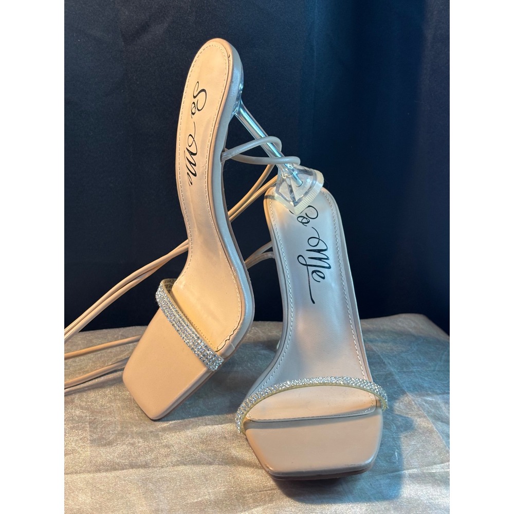 So Me Nude Lace Up Rhinestone Square Toe Clear Flared Stiletto Heels Size 7